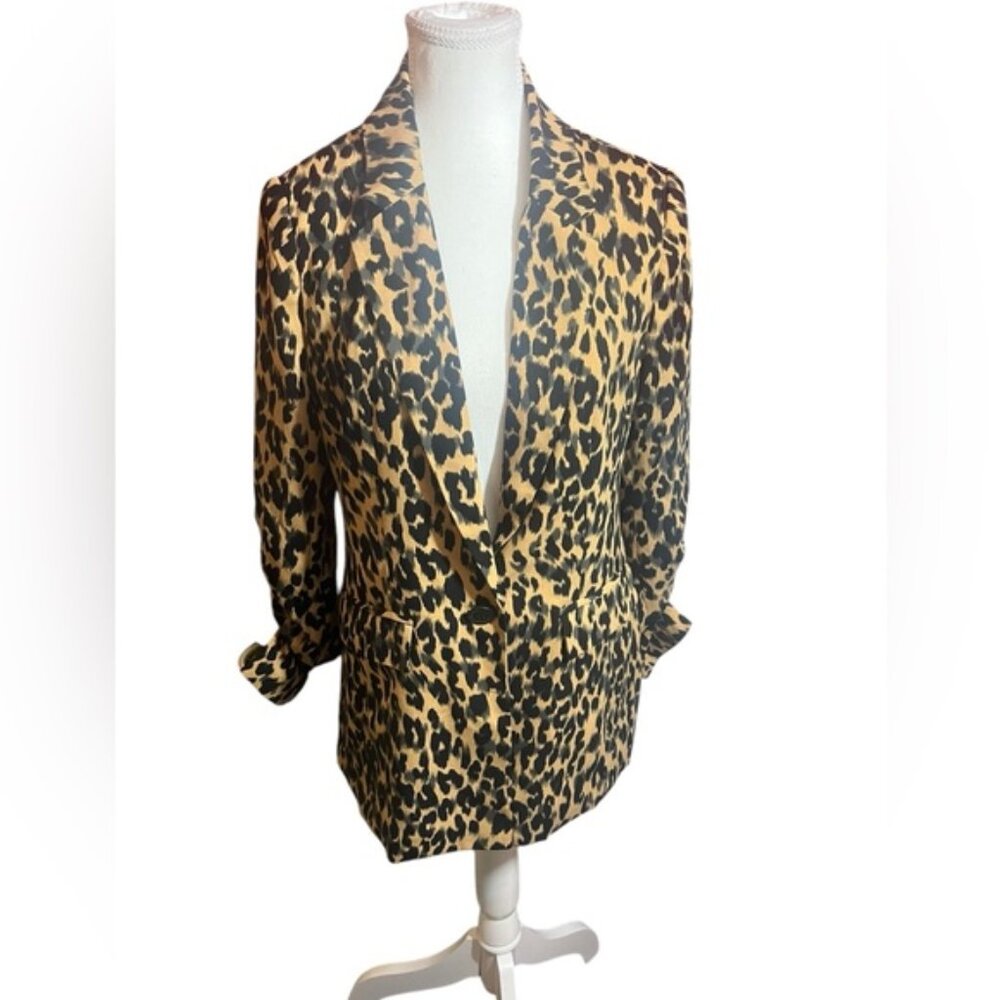 Leopard Print Womens blazer lightweight rusched sleeves one button front SM